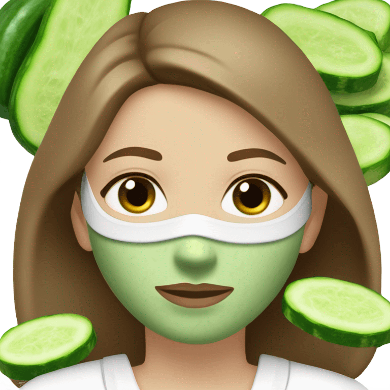 White girl with Brown hair and blue eyes wears a Green clay colored skincare textured mask and puts on cucumbers around her eyes while She relaxes in her white Robe emoji