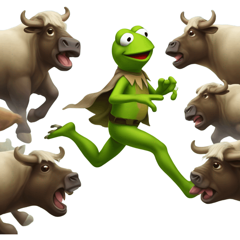 Kermit the Frog chased by a herd of buffalo emoji