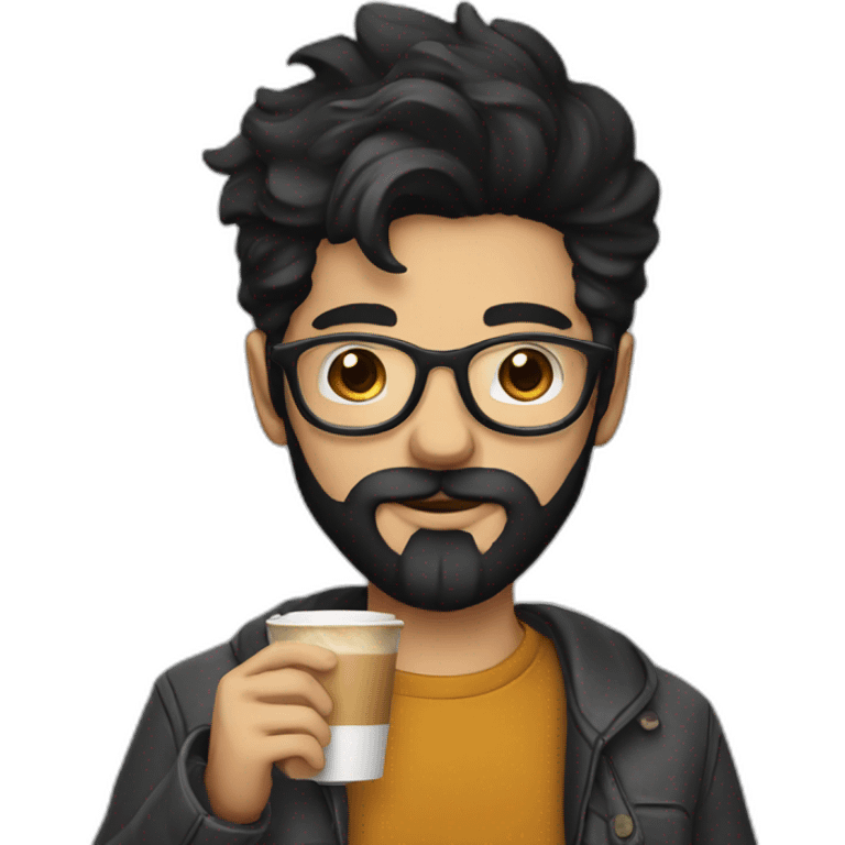 Hipster with black hair, beard and glasses drinking cappuccino   emoji