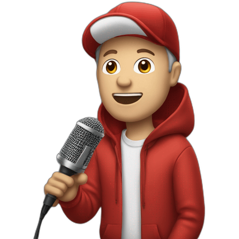 forty-something white man with a red cap and a red hoodie sings into a microphone emoji