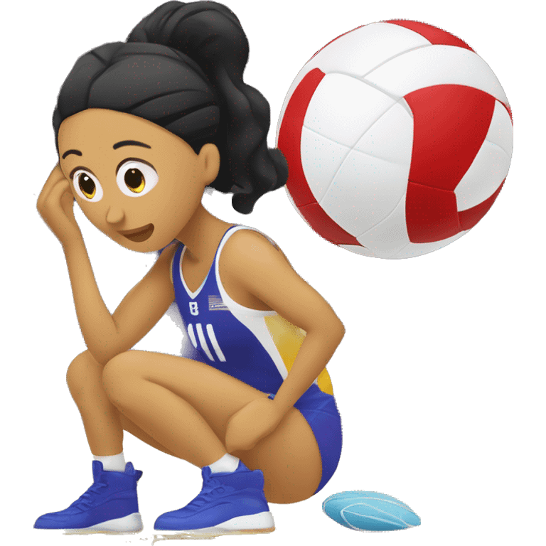 una perona sentada en el piso con una red de voleibol alfrente y un balon de voleibol arriba  emoji