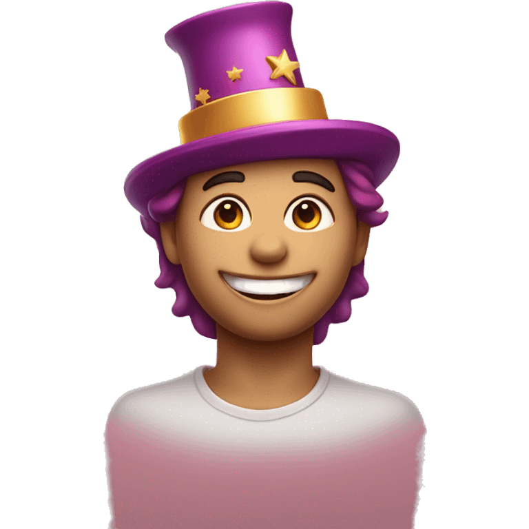 Happy face emoji: A round face, big warm smile, sparkling moon eyes. Eyebrows arched to express good humor, little gold stars near the eyes for a magical touch. Colored party hat slightly askew, rosy cheeks for a cute effect. emoji