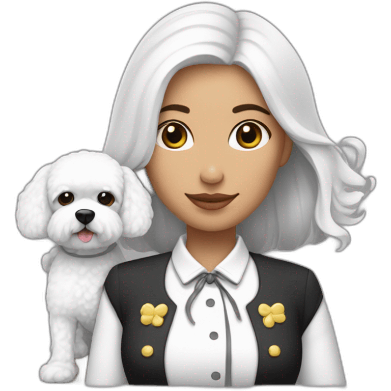 mujer piel blanca con moño negro y con perro bichon blanco emoji