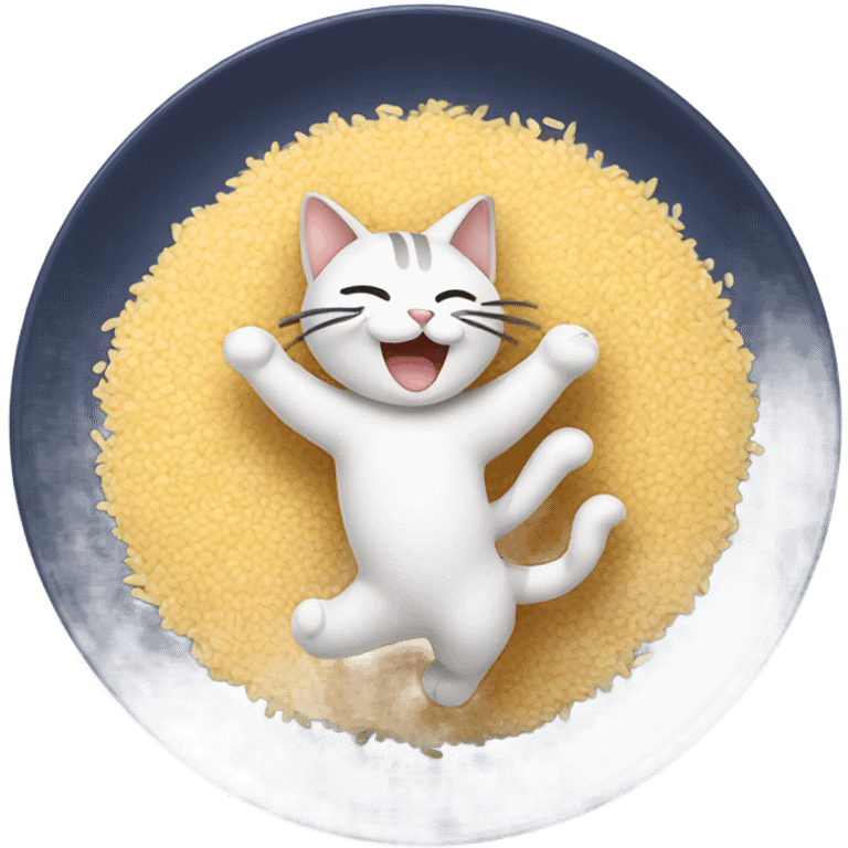 À cat dancing on a plate of rice emoji