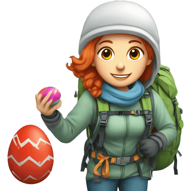 Female winter mountain climber red hair climbing, Greek flag on backpack and holding Easter eggs basket emoji