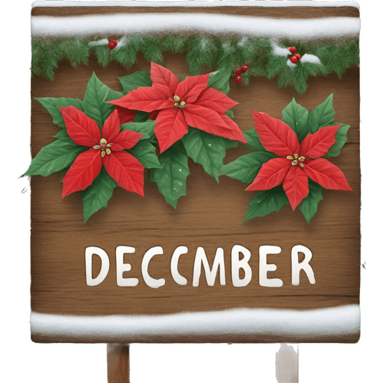 Wood sign with inscription december and poinsettia with snow on sign  emoji