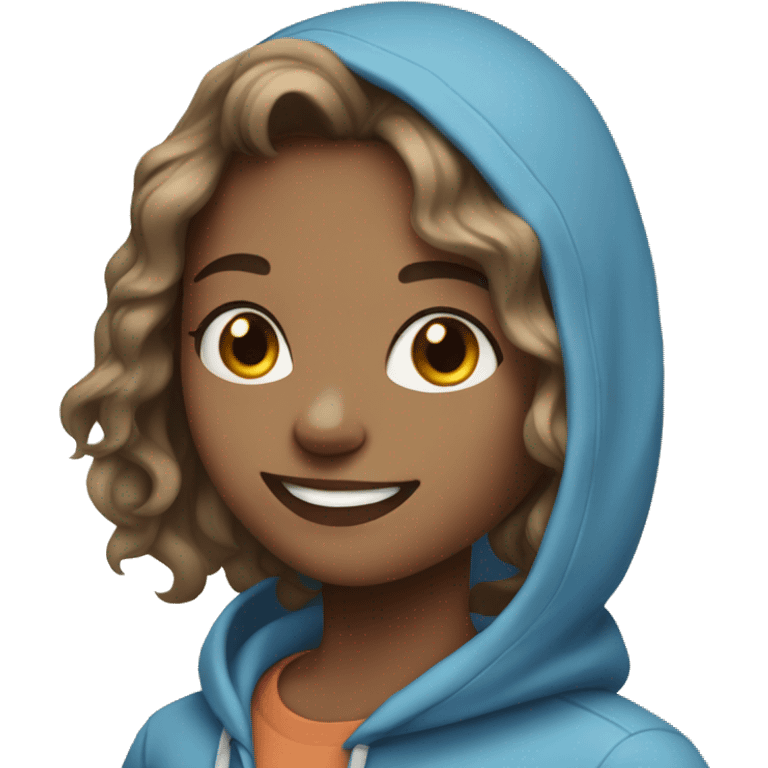 girl with shoulder length wavy hair and brown eyes smiling in a blue hoodie emoji