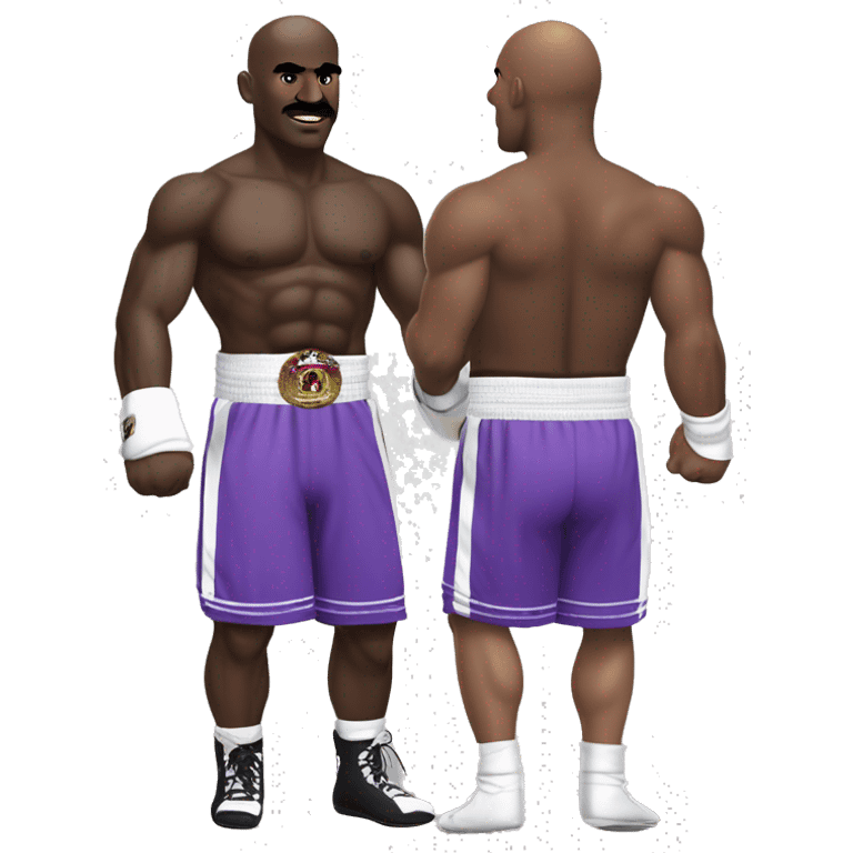 Evander Holyfield in his prime, bald, in boxing attire, purple shorts, with guard half up emoji