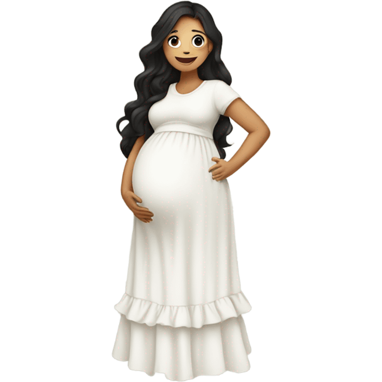 A pregnant girl with long dark hair in a white dress with ruffles looks at her pregnant belly, hugs it with her arms and smiles emoji