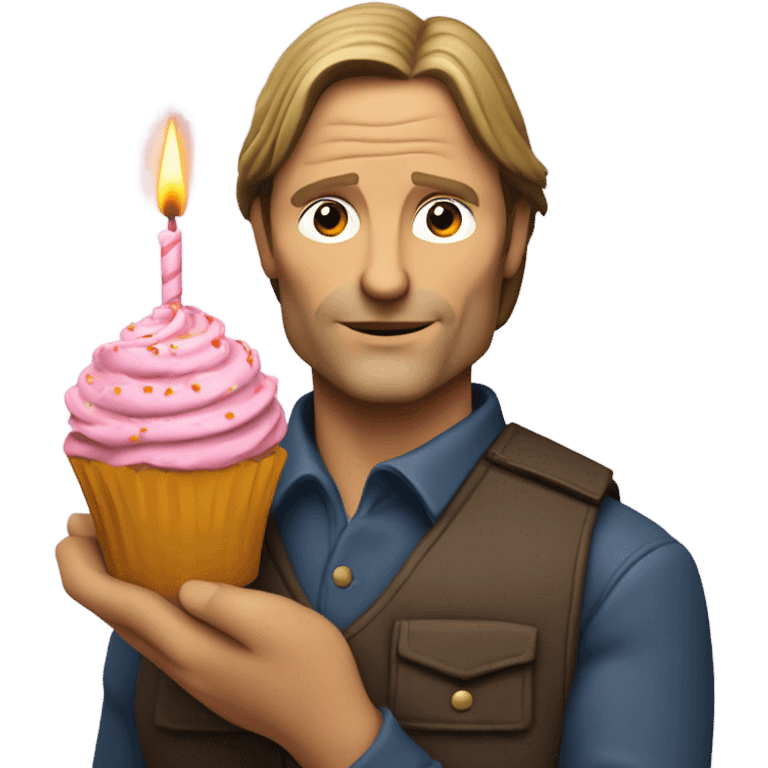 Viggo Mortenson holding a bunch of flowers and a cupcake with a birthday candle in it emoji