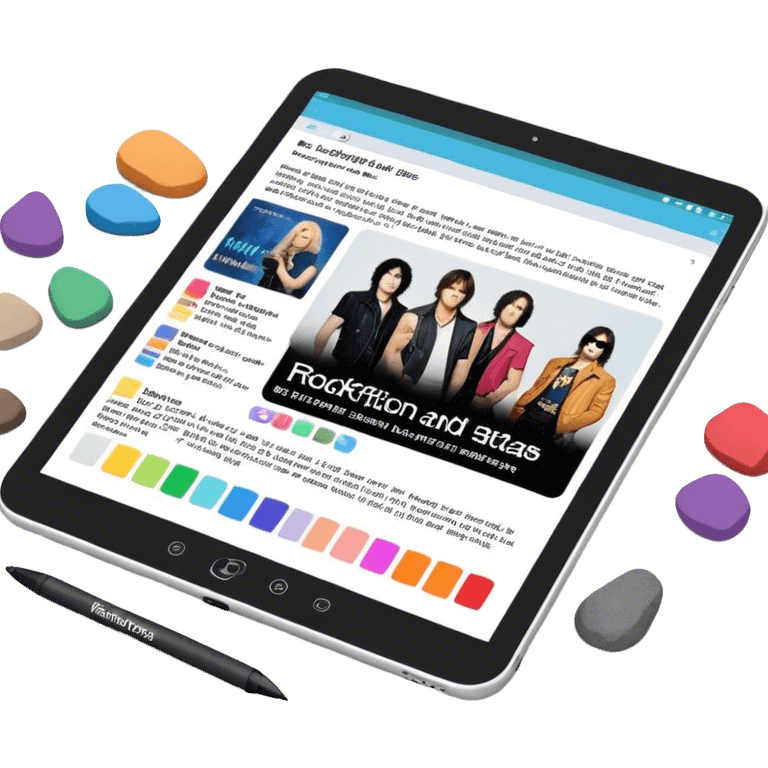 Create an emoji representing fanfiction writing. The design should feature a tablet with a screen displaying images of rock and movie stars, symbolizing the inspiration from popular culture. Next to the images, there should be visible text representing the fanfiction being written. A stylus should be placed near the tablet to emphasize the act of writing. Use a creative and expressive color palette with vibrant and neutral tones. Do not include any emojis or smiley faces. Make the background transparent. emoji