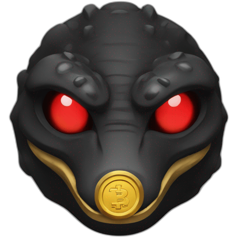 Reptiloid in black suite with red laser eyes on the gold coin emoji