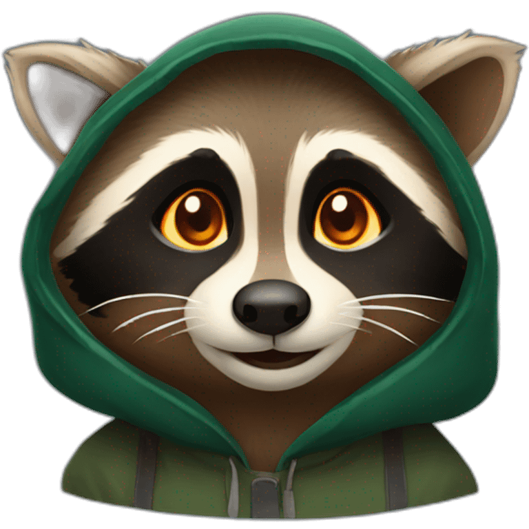 brown raccoon with orange eyes and a dark green hood that smile emoji