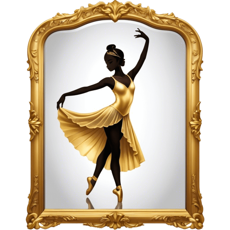 Cinematic Realistic Mirror, a large, ornate mirror reflecting a dancer’s poised silhouette, soft golden light creating depth, slight smudges on the glass adding realism, glowing with a timeless and artistic presence. emoji