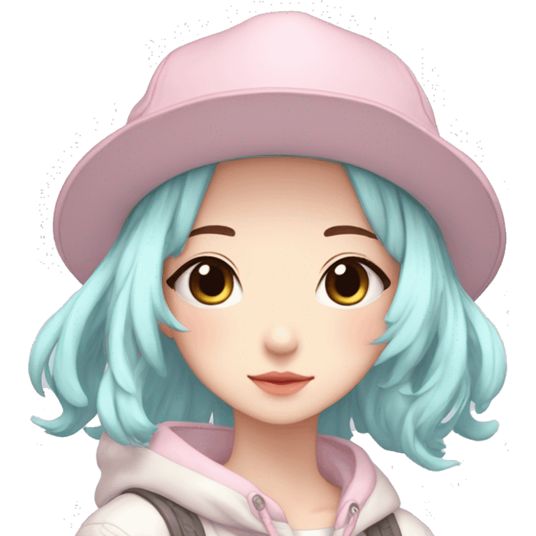 Gorgeous pastel anime girl with blushing face and hair garnitures and pretty hair and a cap aesthetic trending style emoji