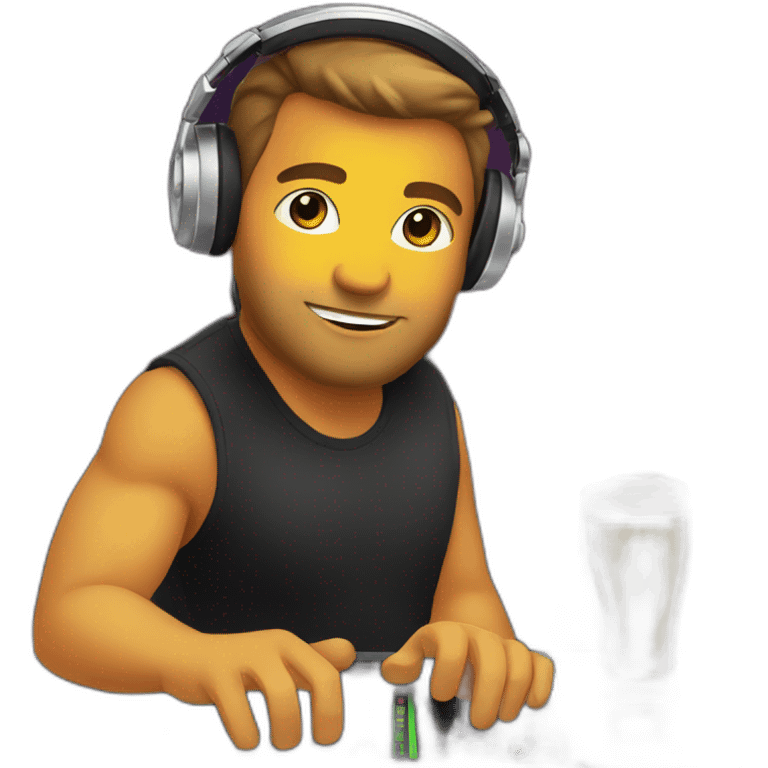 Bold Dj behind dj desk drinking beer emoji