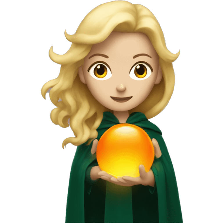 Blonde woman in dark green cloak holding an orange glowing orb emoji