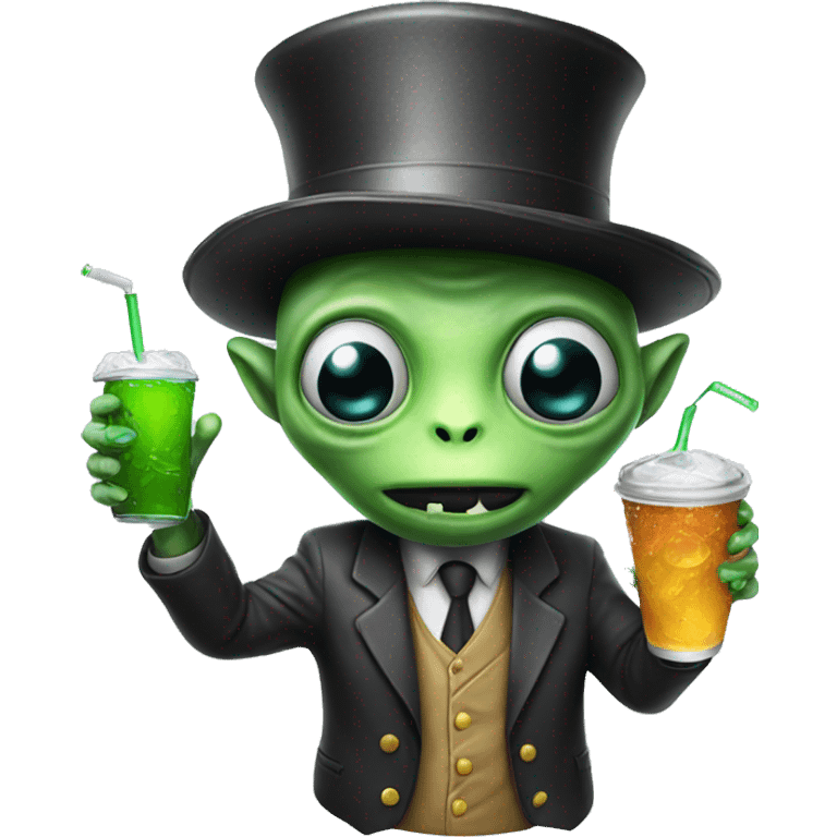 Alien with a tophat drinking soda emoji