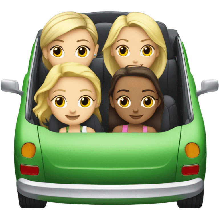 Two Caucasian blonde girls and two Caucasian brunette girls riding in a green volkswagen convertible emoji