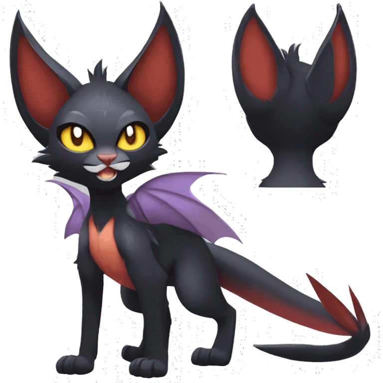 Black cool beautiful vampiric anime Noivern-Litten-Lykoi-Caracal-Fakemon with big bat ears full-body emoji