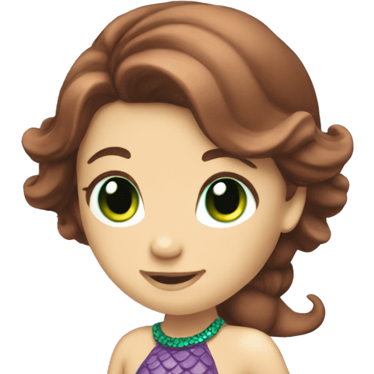 Mermaid with purple tail, green eyes, and brown hair. emoji