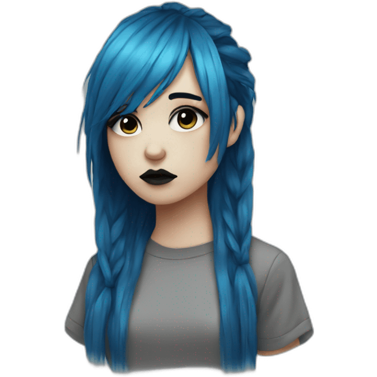 Sad emo girl, black makeup, long choppy blue hair side bangs emoji