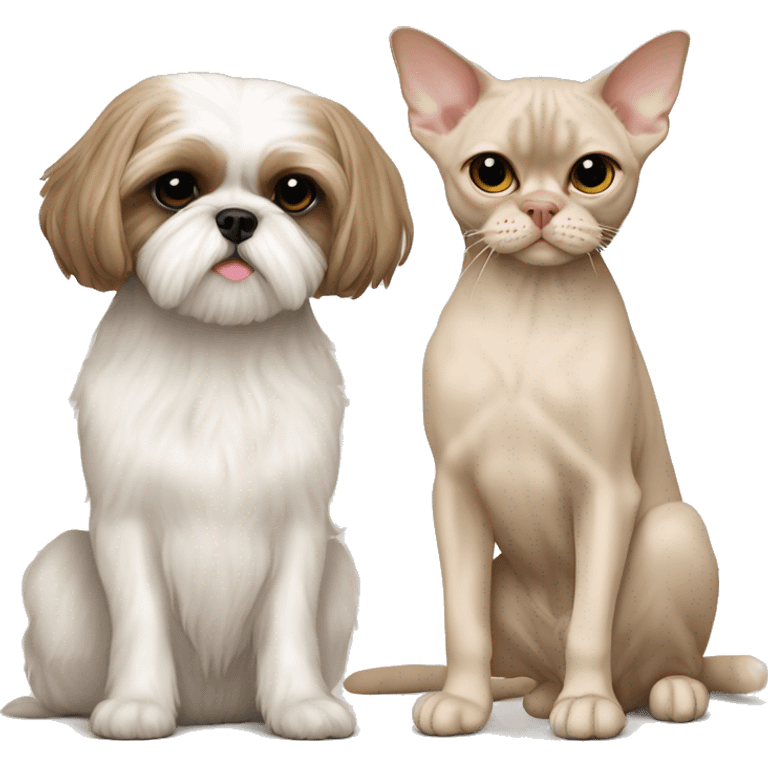 All Beige shih tzu sitting next to a skinny beige Devon Rex cat  emoji