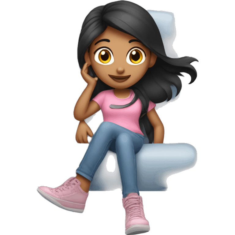 a fair Indian girl with black brownish should length hair dressed up in pink shirt and light blue jeans sitting on top of a plane emoji