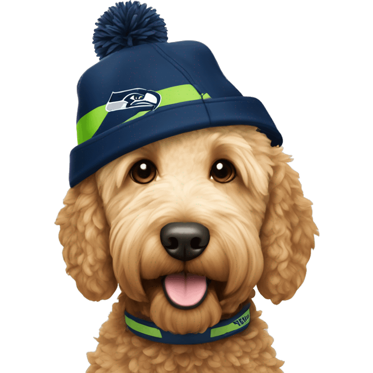 Golden doodle with Seattle Seahawks Hat emoji