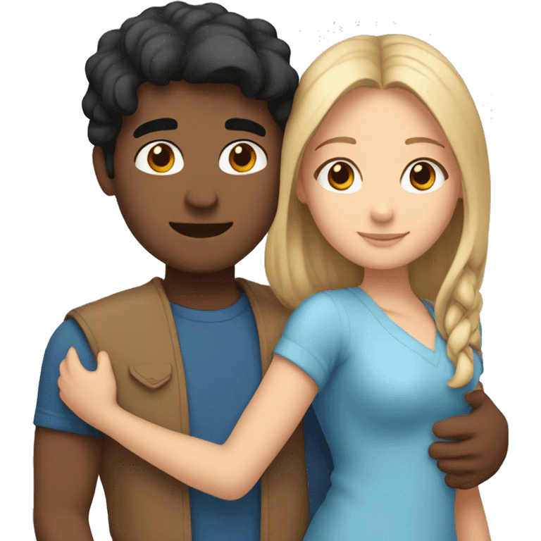 Friends hugging each other. Indian man, short black hair. White woman, blue eyes and long light brown hair emoji