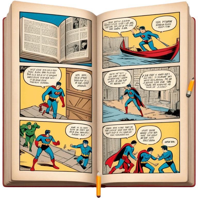 Create a detailed emoji representing the process of writing texts for comic books. The design should feature a large, open comic book with vintage comic strips visible on its pages. A pencil should be shown writing text on one of the comic panels, but without a hand. The pencil should appear as though it is actively creating the dialogue or narration. Use a classic color palette with muted tones for the comic book and brighter accents on the pencil to draw attention to the writing process. Do not include any emojis or smiley faces. Make the background transparent. emoji