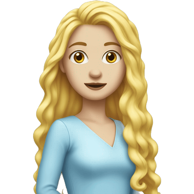 Long yellow hair, loose hair, white skin, sky blue dress, sharp nose emoji