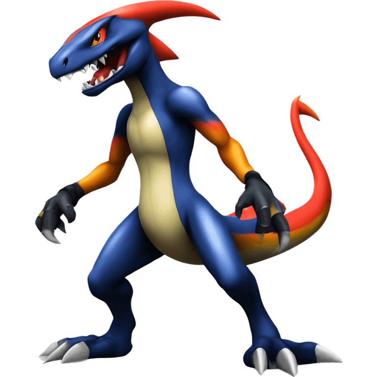 Black, Modern, Futuristic, Cool, Edgy, Badass Punk-style Garchomp-Charmeleon-Croconaw Fakémon-Digimon  full body emoji