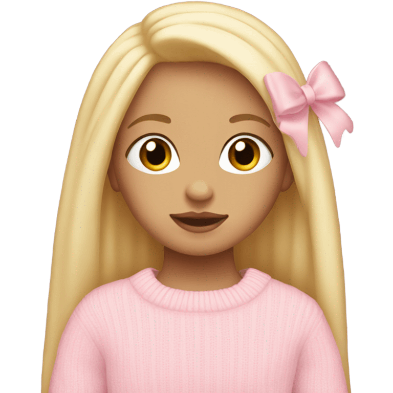 girl with long lashes wearing a light pink bow on the side of head with long straight blonde hair and baby pink sweater  emoji