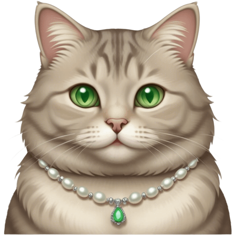 fluffy, slightly chubby, light grey tabby cat with green eyes, white tummy, and a pearl necklace  emoji