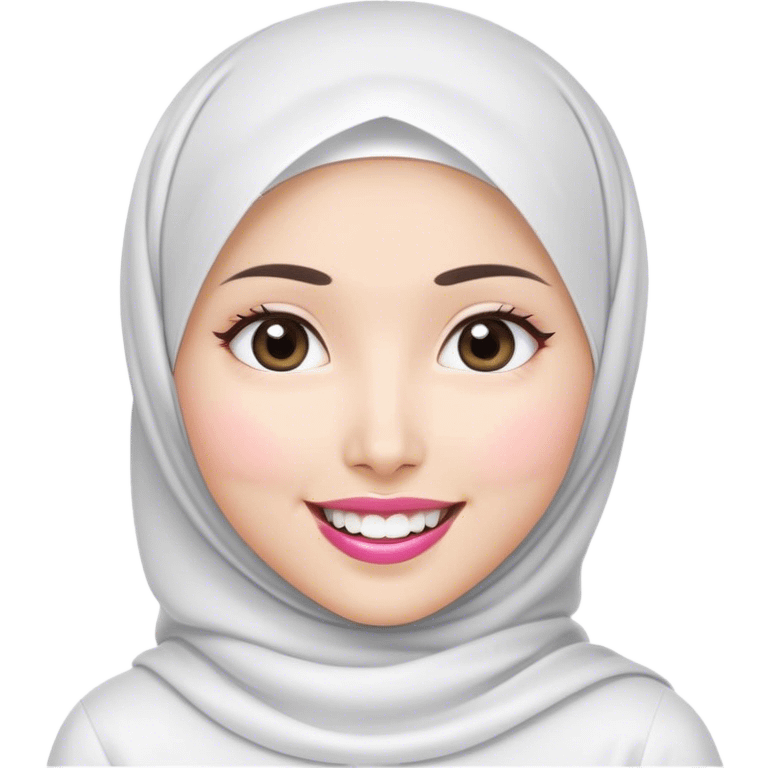 Asian white woman hijab, her hijab color are white, her face is small oval, her face is firm, her lips are pink, her eyes are shining, her face looks happy showing her teeth, her eyes are also smiling, her outfit color are white emoji