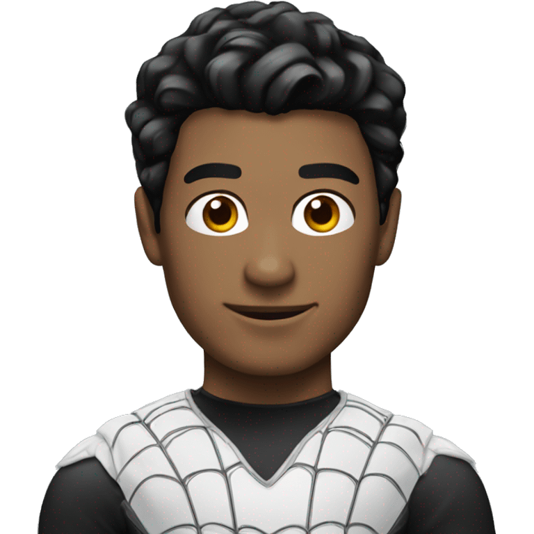 Man white with black hair in costume of spiderman emoji