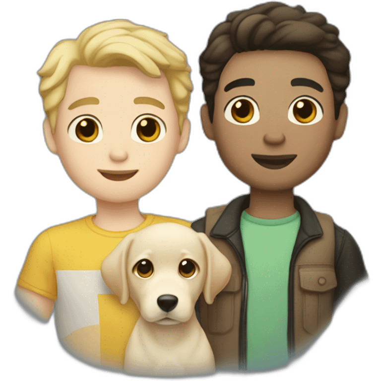 gay couple, both are white, the 1st is brunnet with slightly-curly hair, the 2nd man has black hair and is white, they are holding one light yellow labrador retriever puppy emoji