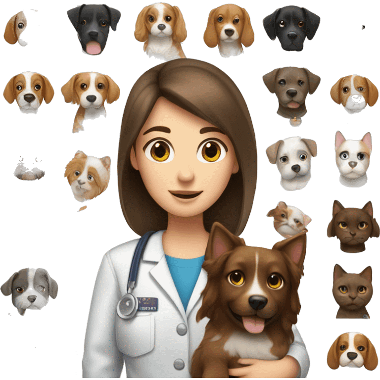 Vet girl with brown hair and brown eyes with cat and dog  emoji