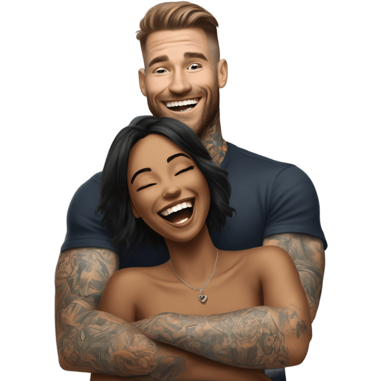 Hyper Realistic beautiful woman in the arms of a very handsome tattooed man laughing  emoji