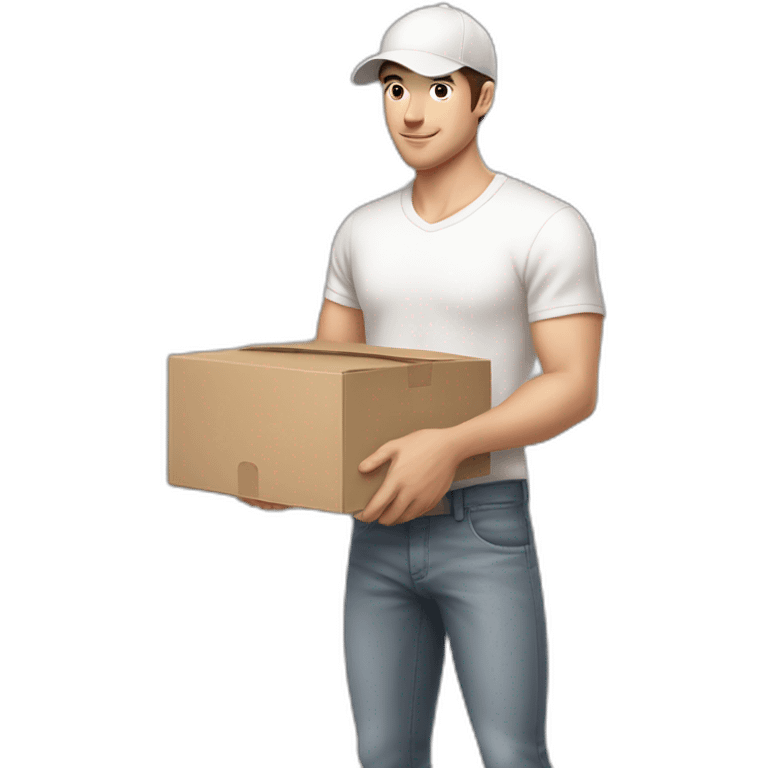 Pale skinned fit Man with dark brown hair in a white cap, gray jeans and beige polo T-shirt keeping a pasted box into his hands emoji