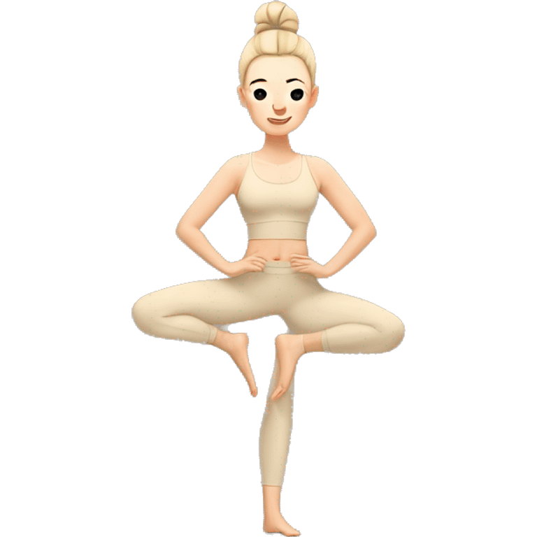 Pale skinned fit women in a beige tight yoga suit and wristbands with black hair in a bun doing yoga emoji