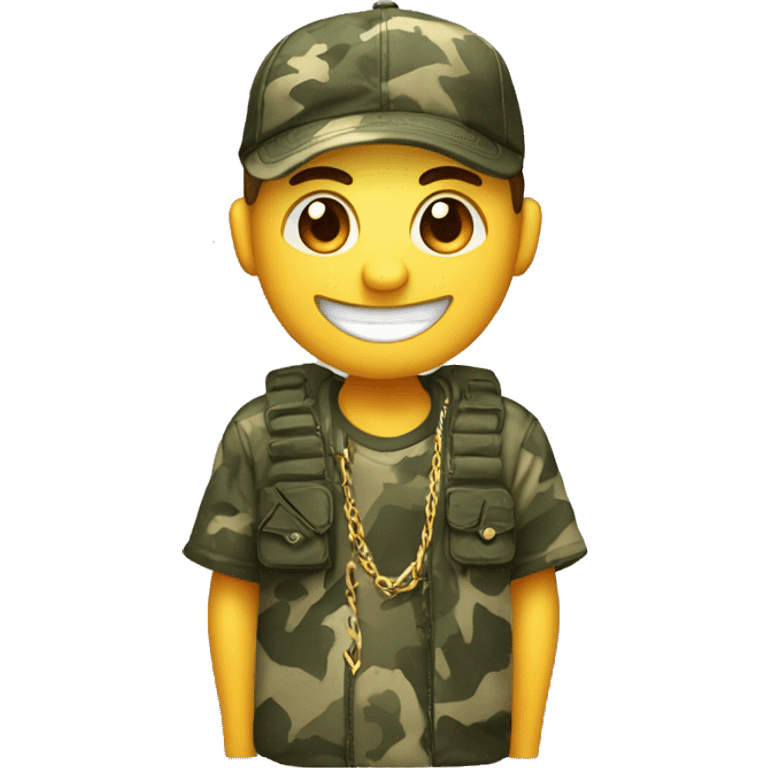 smiling male in camo shirts with little small chain wearing a funny hat with ears  emoji