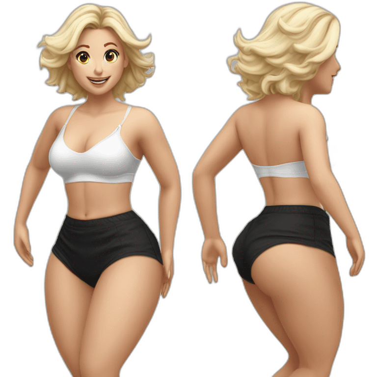 Hyperrealistic Full body Caucasian curvy beauty jumping white knickers back and front views black skirt strong wind emoji