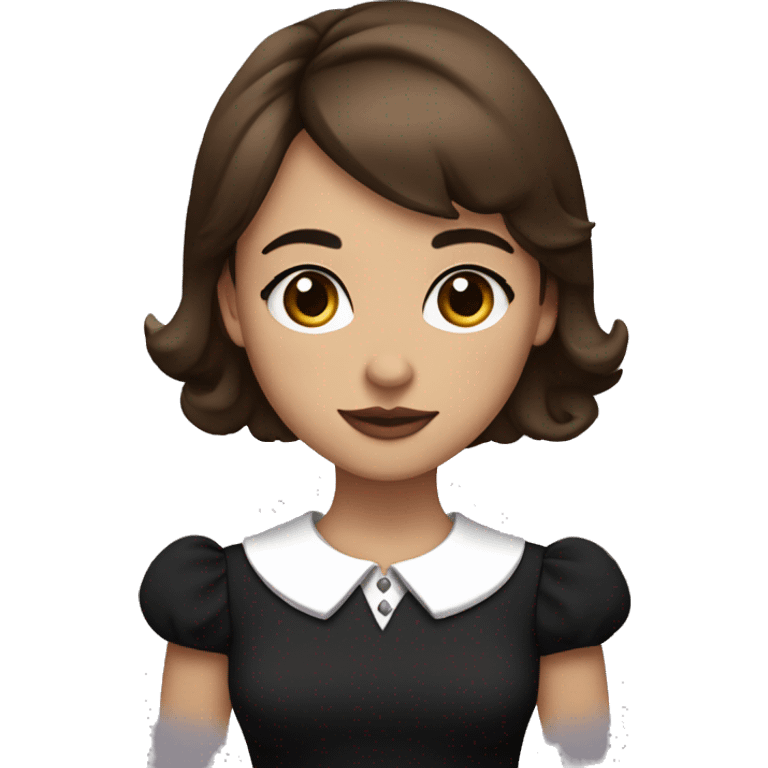 Girl, brown straight shoulder-length hair, plump lips, black eyes, fair skin, in a black dress with a white collar emoji