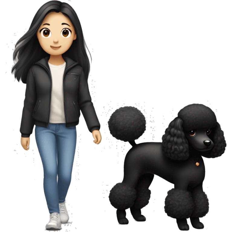 One Korean girl with black long straight hair with one black poodle is walking. emoji