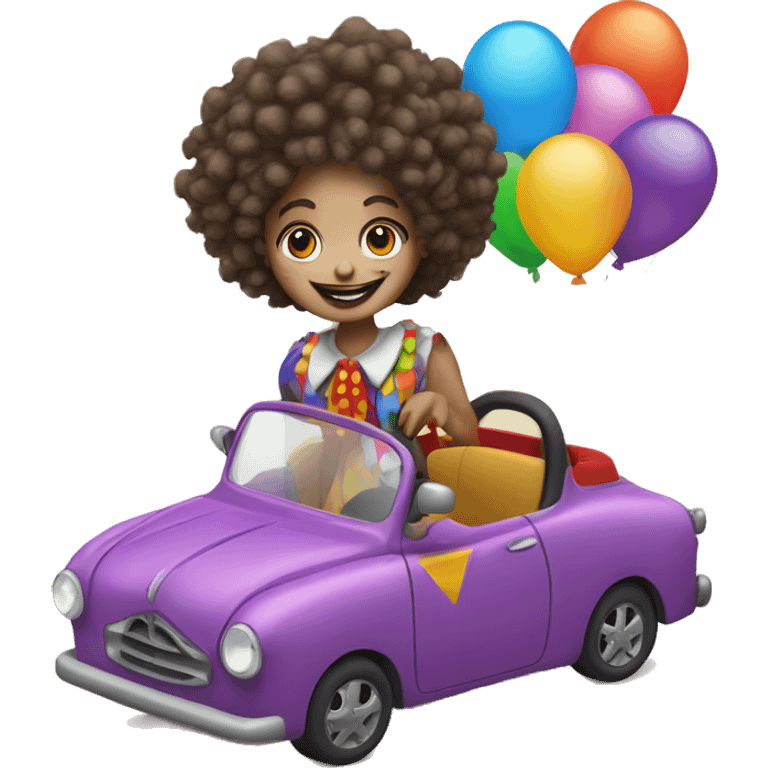 girl with curly hair that is dressed a clown with a clown nose driving car emoji