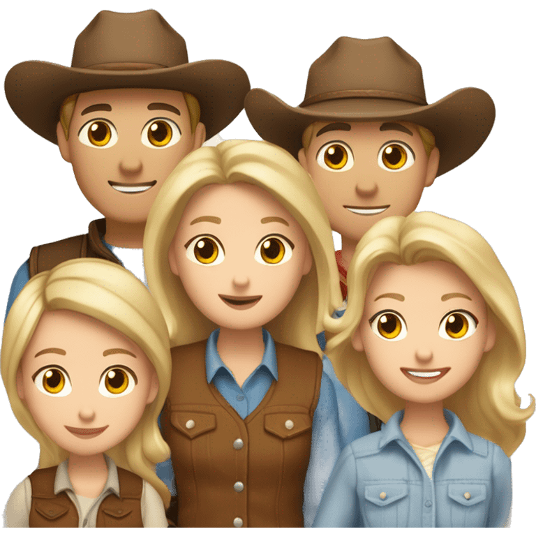 Caucasian family of six, all with cowgirl hats on, 2 blonde teenagers, 1 light brown haired mom, 1 little boy with brown hair and a brown hair dad, and a teenage boy with brown hair emoji