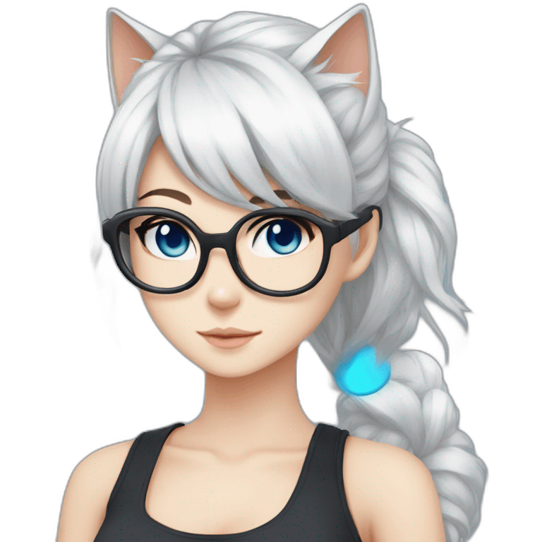 anime style white hair catgirl, black glasses, tank top, pony tail hair, blue eyes emoji