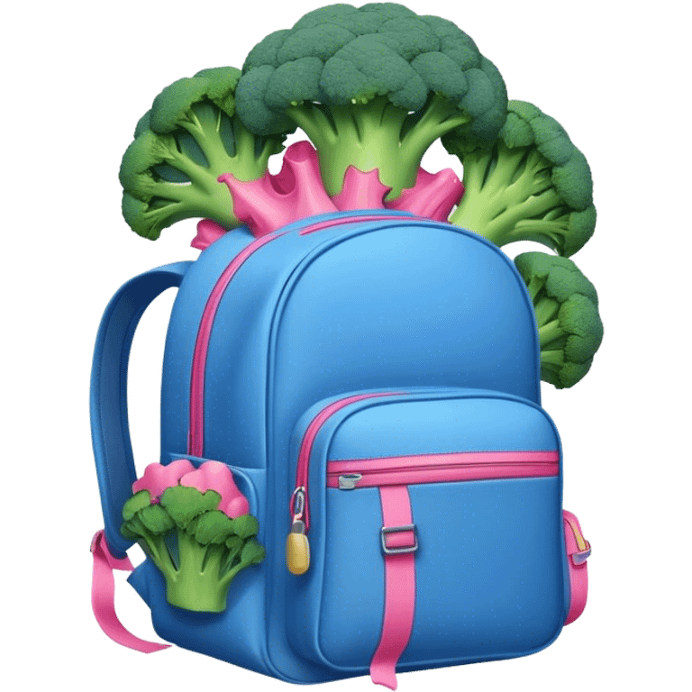 A Big Blue backpack with pink broccoli falling out emoji